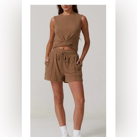 Pants - Casual Drawstring Women’s Shorts &Shirt Set- Brown